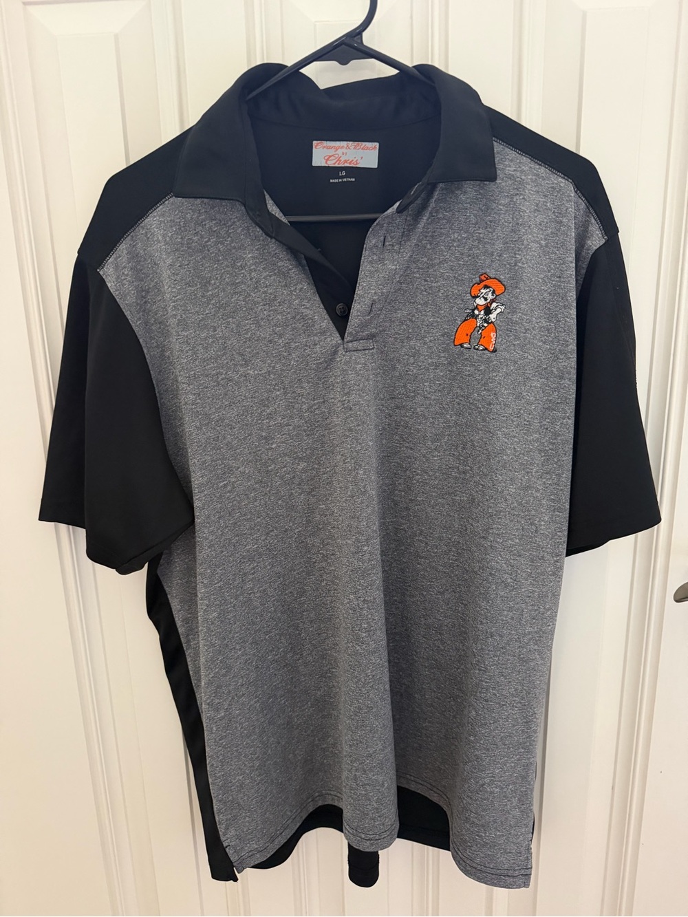 LG Men’s OSU Grey and Black Polo with Orange Pistol Pete Embroidery